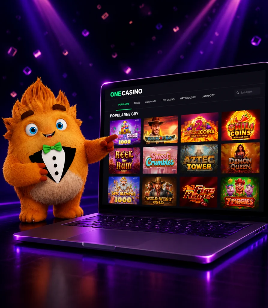 Maskotka One Casino prezentująca katalog popularnych gier online